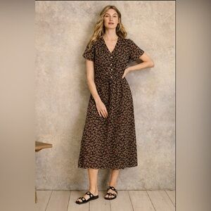 Garnet Hill 100% silk Black Leaf Print Midi Dress size 14